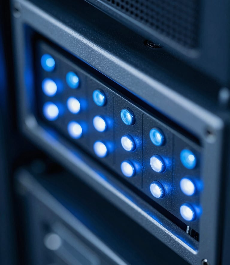 Macro close-up of blue and white LED server indicator lights on clean rack hardware, cool technical lighting, sharp details