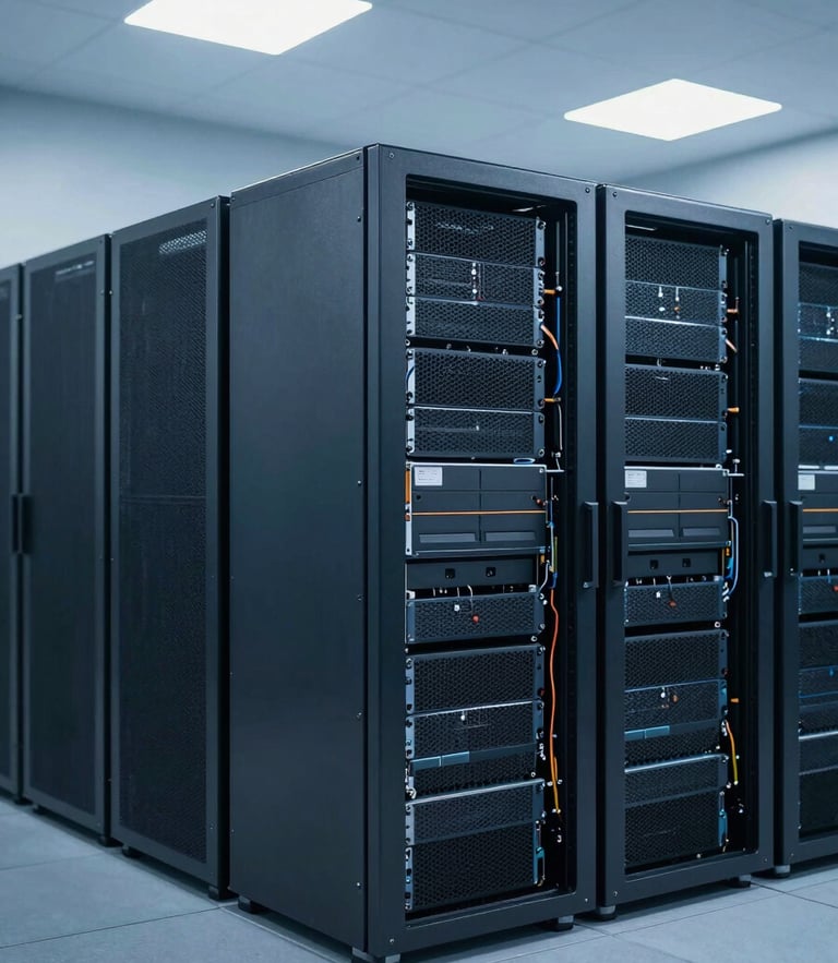 Secure hardware logistics warehouse in Singapore, clean rows of packaged servers, cool-toned overhead lighting