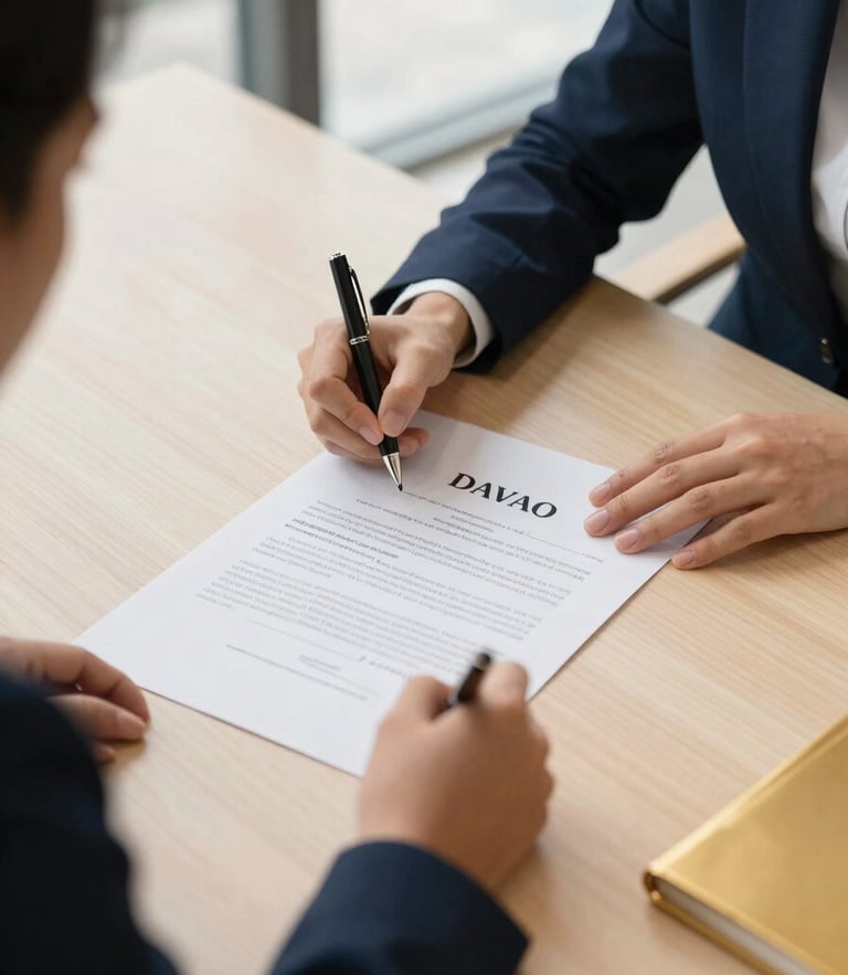 Overhead shot of a clean modern desk in Davao, a professional signing a referral agreement document, warm natural light, navy and gold accents
