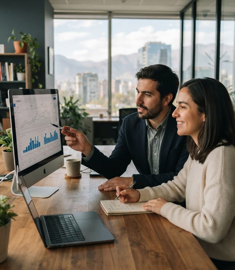 Un consultor de marketing chileno analizando un gráfico métrico junto a una emprendedora en una oficina moderna en Santiago, luz natural suave, tonos pizarra y arena, estilo editorial.