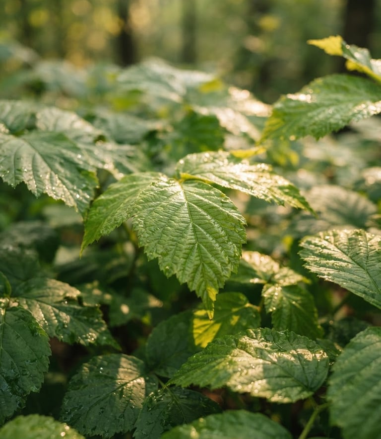 A close-up of vibrant green botanical leaves touched by warm morning light, soft gold reflections, shallow depth of field.