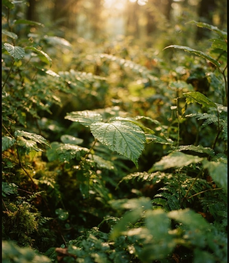 A quiet close-up of green botanical leaves with soft morning sunlight filtering through, warm golden tones, shallow depth of field