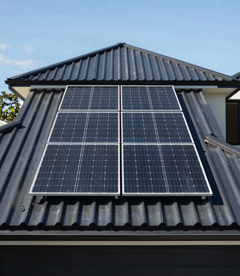 Straight-on architectural shot of a modern Perth home with clean solar panels on a dark colorbond roof under bright, crisp Western Australian daylight.