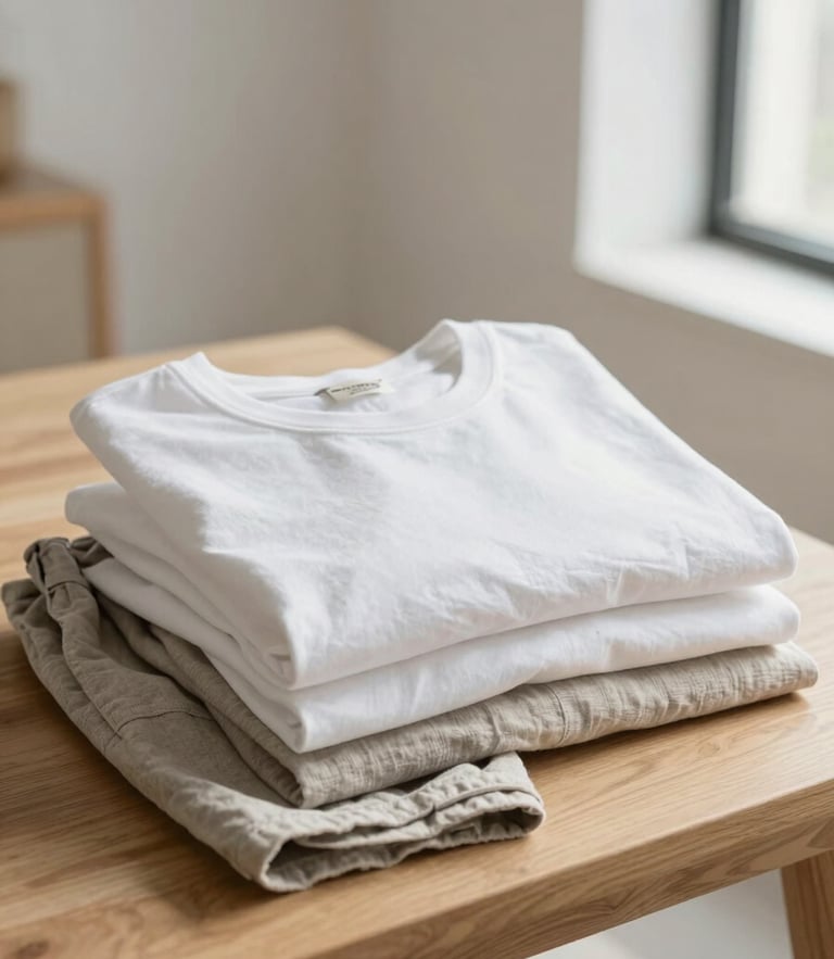 A serene sunlit loft with a neatly folded stack of soft cotton t-shirts and neutral-toned linen trousers on a wooden table, soft natural daylight, shallow depth of field