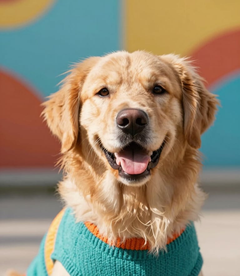Close-up of a happy Golden Retriever wearing a colorful knitted teal sweater, looking directly at the camera, warm natural sunlight, soft focus background