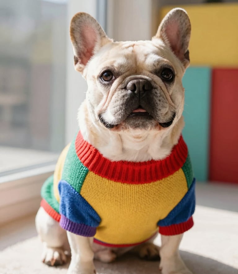 A happy, comfortable French Bulldog wearing a custom-tailored colorful knit sweater, looking up with a soft smile, bright warm natural daylight from a window, shallow depth of field.