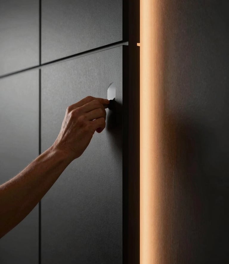 A close-up of a craftsman applying a flawless finish to a modern wall panel, precise lines, beautiful side lighting, high-contrast, premium architectural photography