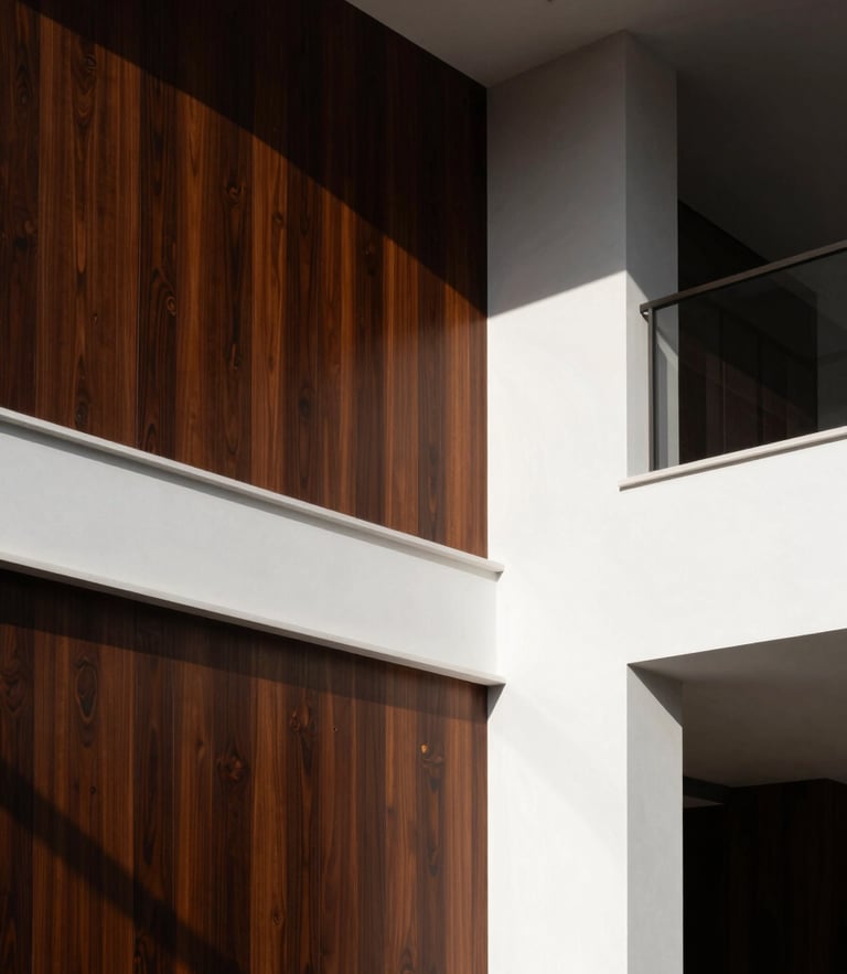 Low-angle architectural shot of a luxury Riyadh villa interior, dramatic side-lighting highlighting a perfectly executed wall transition between dark wood paneling and pristine white plaster, premium architectural photography style