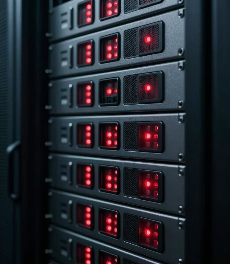 Cinematic close-up of a secure network server with sharp crimson status lights, high-contrast low-key lighting, steel gray tones.