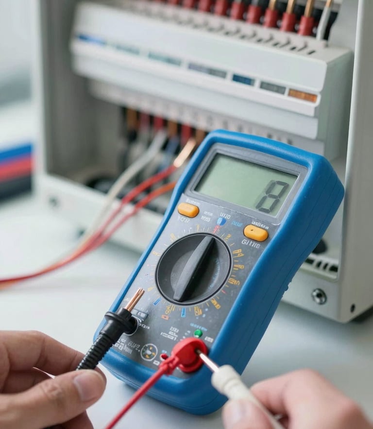 Close-up of a professional digital multimeter testing a modern electrical panel board, bright natural workspace lighting, sharp focus on copper wires