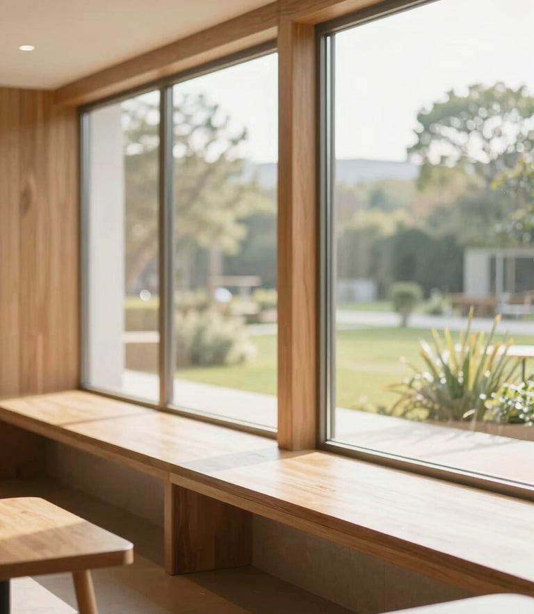 Bright editorial photography of a sun-drenched modern common area with natural wood accents and large windows looking out to landscaped grounds, soft morning light, shallow depth of field.