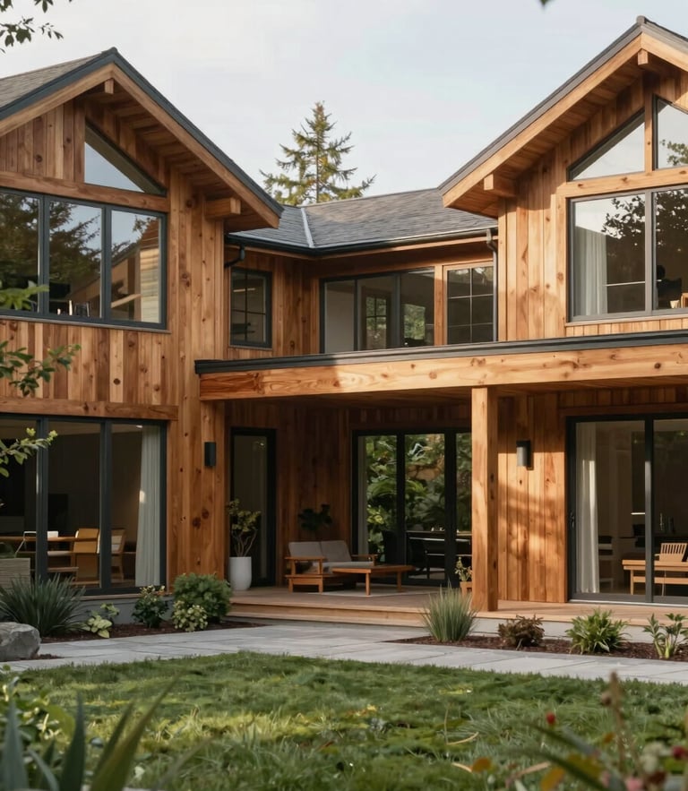 Bright editorial photography of a modern Pacific Northwest estate courtyard, soft natural morning light, warm cedar wood accents, spacious landscaped grounds.