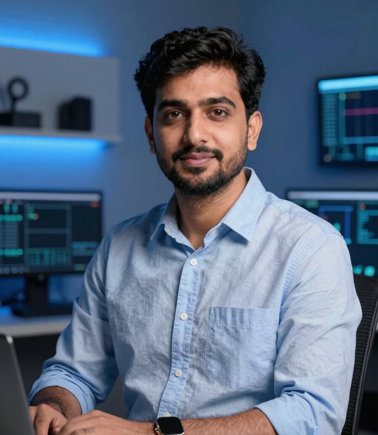 Approach of Md Sharukh, professional educator in a modern tech studio with subtle blue backlighting, looking at the camera, 35mm photography