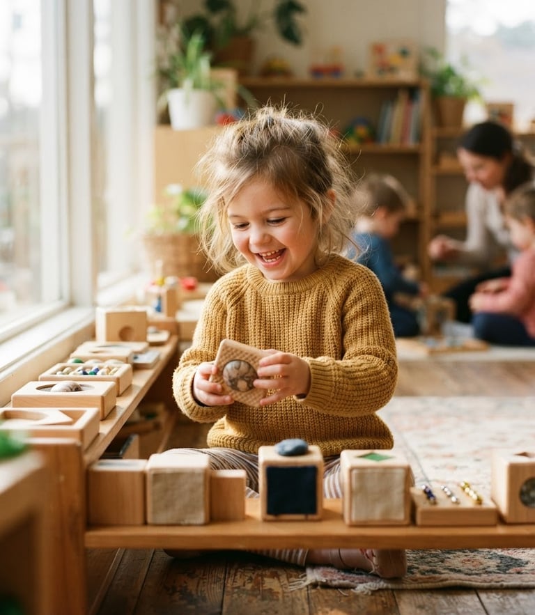 Warm candid editorial photograph of a young child smiling while exploring sensory wooden blocks in a sunlit classroom, soft focus, natural lighting