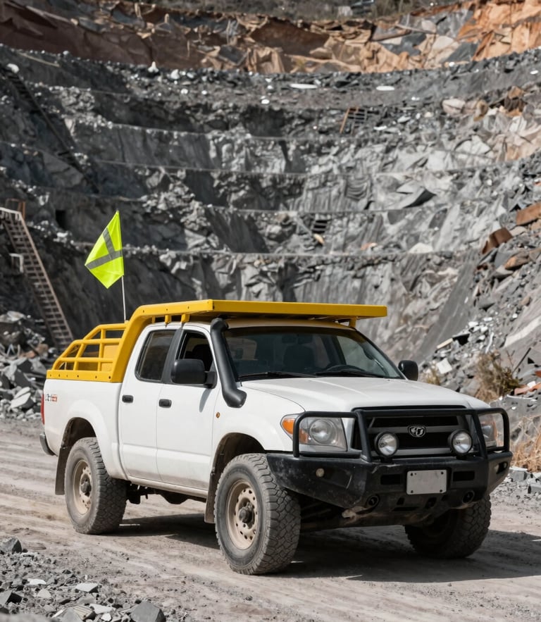 Low-angle heroic shot of a white mining pickup truck fitted with a yellow roll cage and high-visibility safety flag, parked on a gravel road in a vast open-pit mine in northern Mexico, harsh daylight.