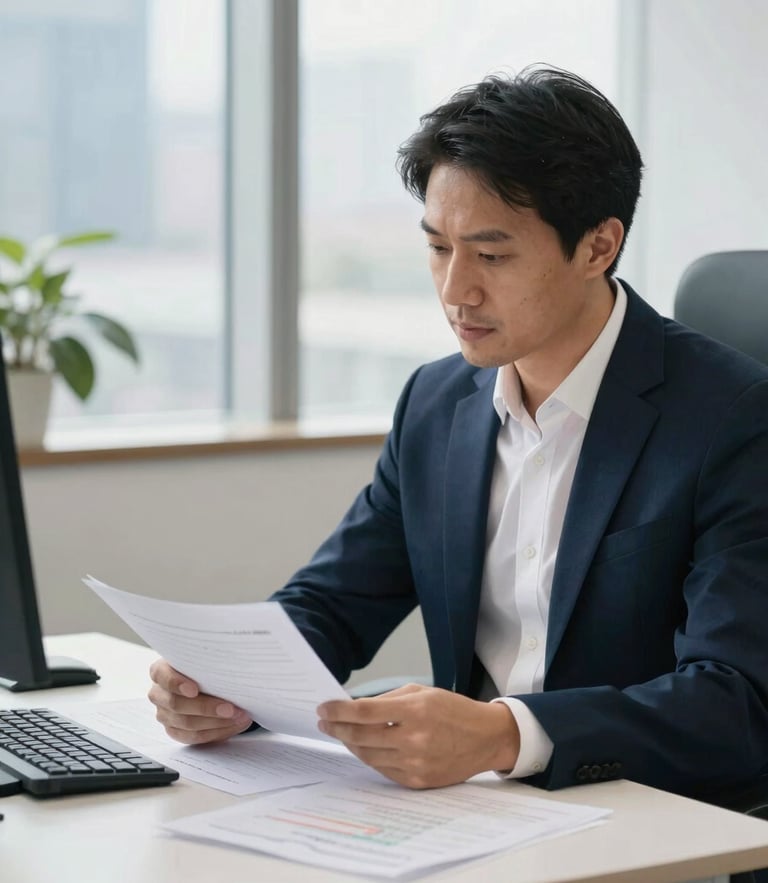 Professional corporate advisor reviewing clean financial documents in a bright San Jose office, natural daylight, deep navy tones, 35mm lens