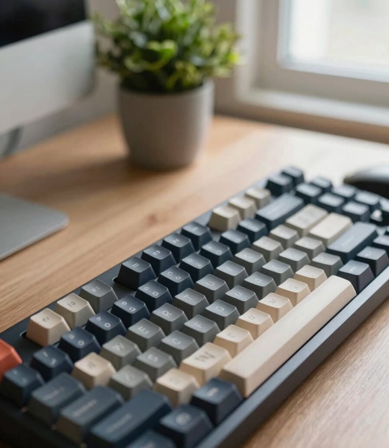 Moody close-up of a neatly organized physical workspace with a mechanical keyboard, a small green plant, and soft natural window light