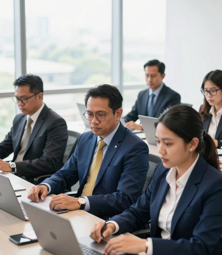 Bright corporate office setting, a group of professional Indonesian adults in business attire actively engaged in a certification assessment, natural daylight, sharp focus, 35mm