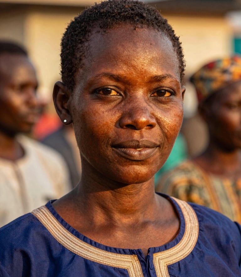 Dignified close-up portrait of an active community member in Lagos under warm golden-hour daylight, shallow depth of field