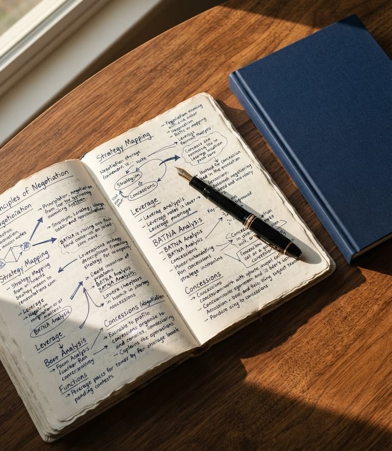 An overhead flat-lay of a fountain pen, an open heavy-paper journal with handwritten negotiation frameworks, and a deep navy book mockup, warm side window light, high contrast