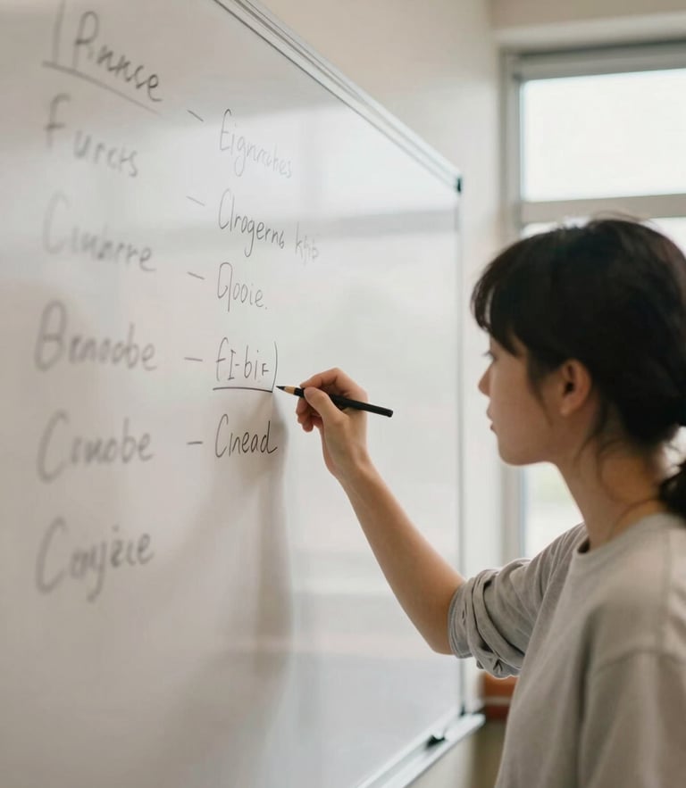 A focused student writing equations on a physical whiteboard, soft natural window light, warm muted academic tones, shallow depth of field, 35mm photography