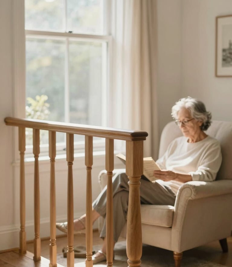 A bright, warm living room with a beautifully integrated wooden handrail, soft morning sunlight streaming through a window, an older adult reading comfortably in an armchair.
