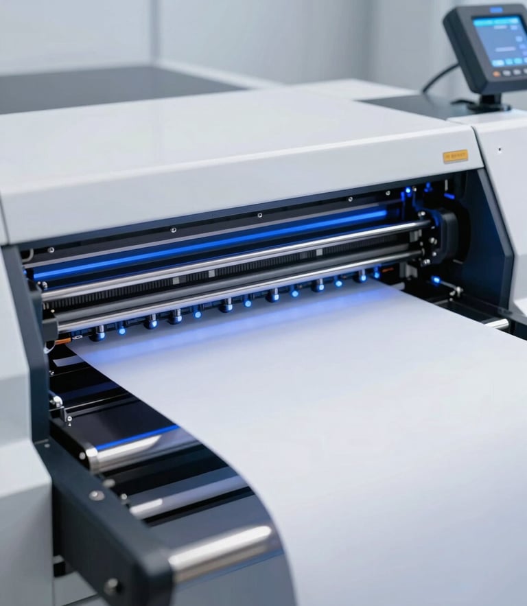 A close-up of a high-speed digital printing machine in action, sharp focus on paper feed, electric blue lighting accents, clean industrial environment