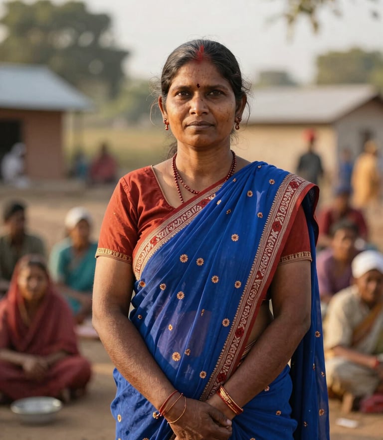Dignified environmental portrait of a rural Indian woman leader standing confidently in front of a village assembly, warm natural golden hour light, 35mm lens, shallow depth of field.