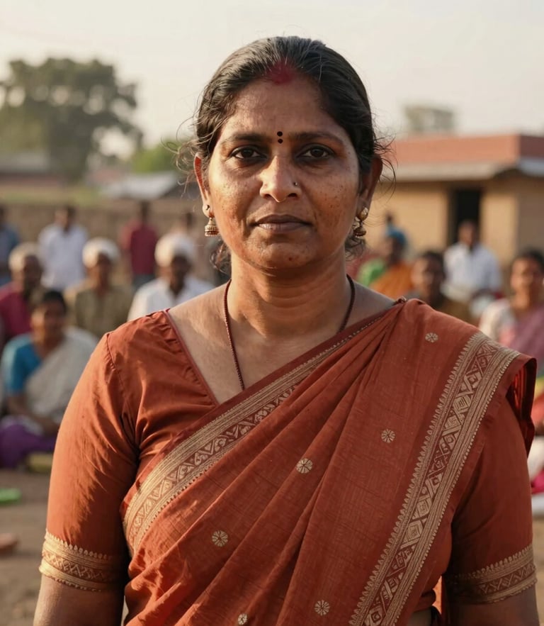 Dignified environmental portrait of an Indian woman leader in a terracotta sari, direct gaze, warm golden-hour natural light, village assembly background, 35mm lens