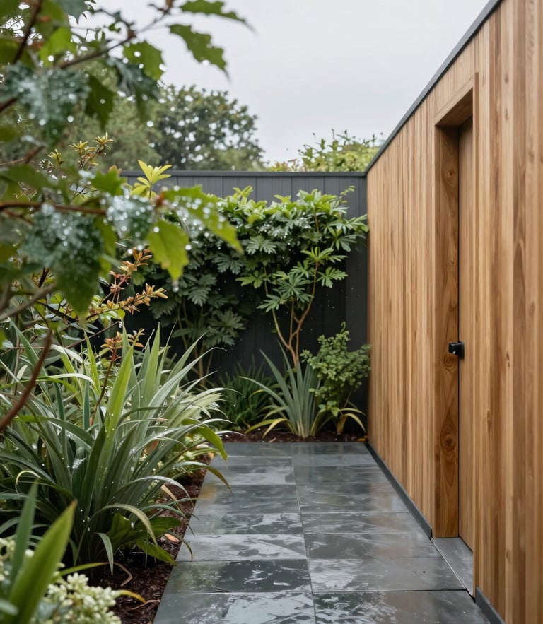 Lush bio-diverse British garden with a modern slate pathway, soft overcast daylight, raindrops on green leaves, 35mm lens