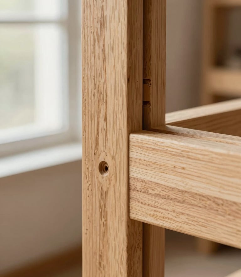 Macro detail shot of a flush-fit mortise and tenon joint in white oak, natural light highlighting the grain match