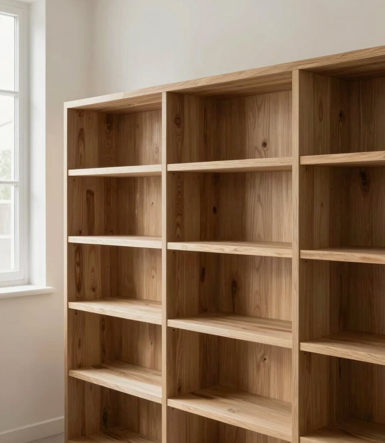Straight-on architectural photograph of a custom white oak bookshelf integrated into a modern minimalist living room, natural side lighting, rich timber textures
