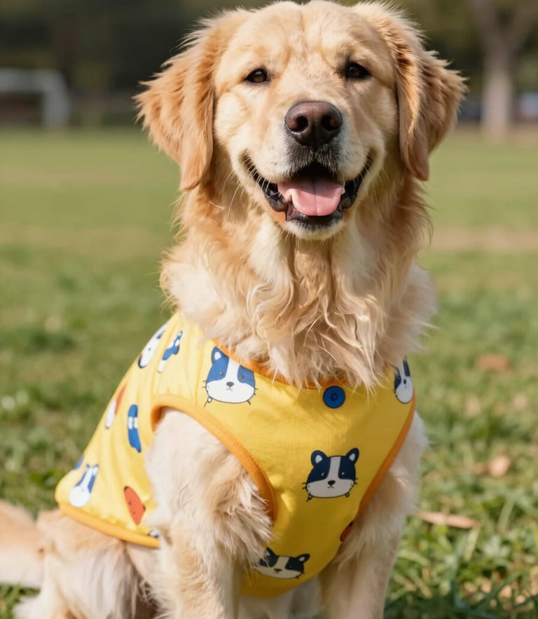 Un alegre perro Golden Retriever sonriendo a la cámara en un parque soleado, vistiendo una cómoda sudadera colorida de Patitas Coquetas, luz natural cálida, enfoque suave