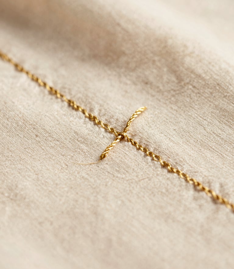 Macro shot of delicate gold embroidery thread on soft organic champagne cotton fabric, warm natural daylight, shallow depth of field, 35mm