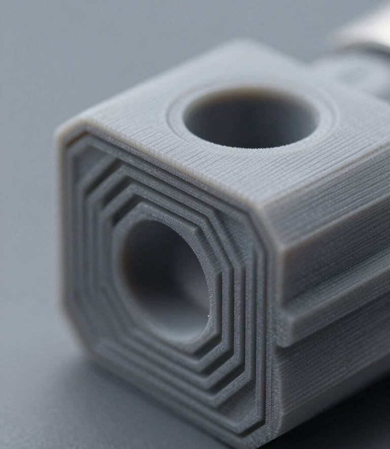 Extreme macro close-up of a 3D printed engineering prototype, flawless layers, sharp studio lighting, cool gray background, 50mm