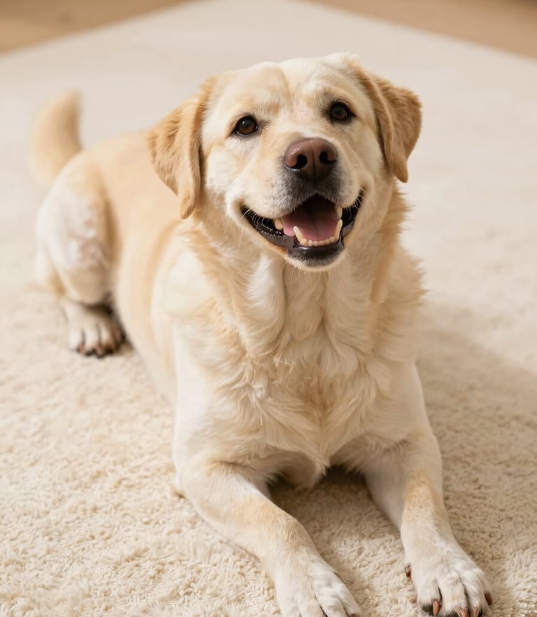 A happy, relaxed dog lying down on a soft cream rug, looking up with a soft expression, warm natural daylight, 35mm lens