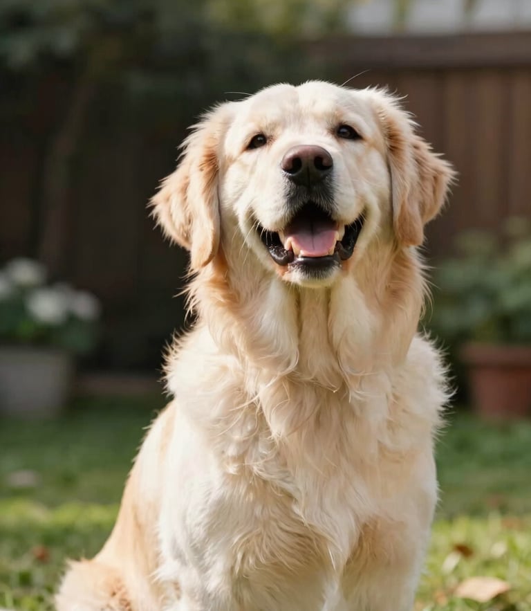 A happy golden retriever sitting calmly in a sunlit garden, looking up at its guardian with a relaxed expression, soft natural daylight, warm editorial photography, shallow depth of field, 35mm lens
