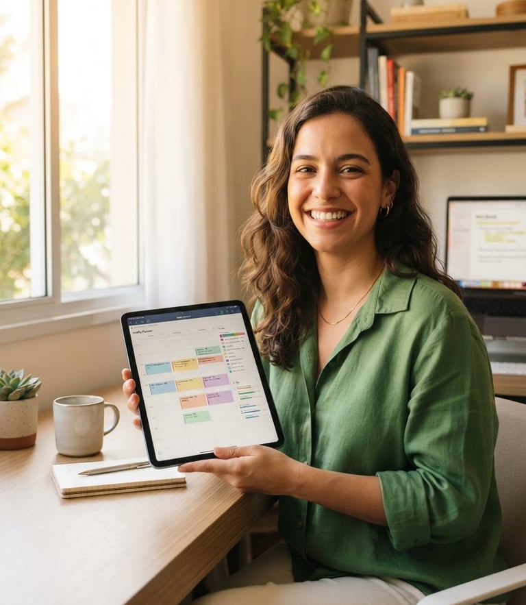 A focused young Brazilian professional smiling in a bright, modern home office, holding a tablet showing a structured study planner, warm natural window light, sharp focus, 35mm