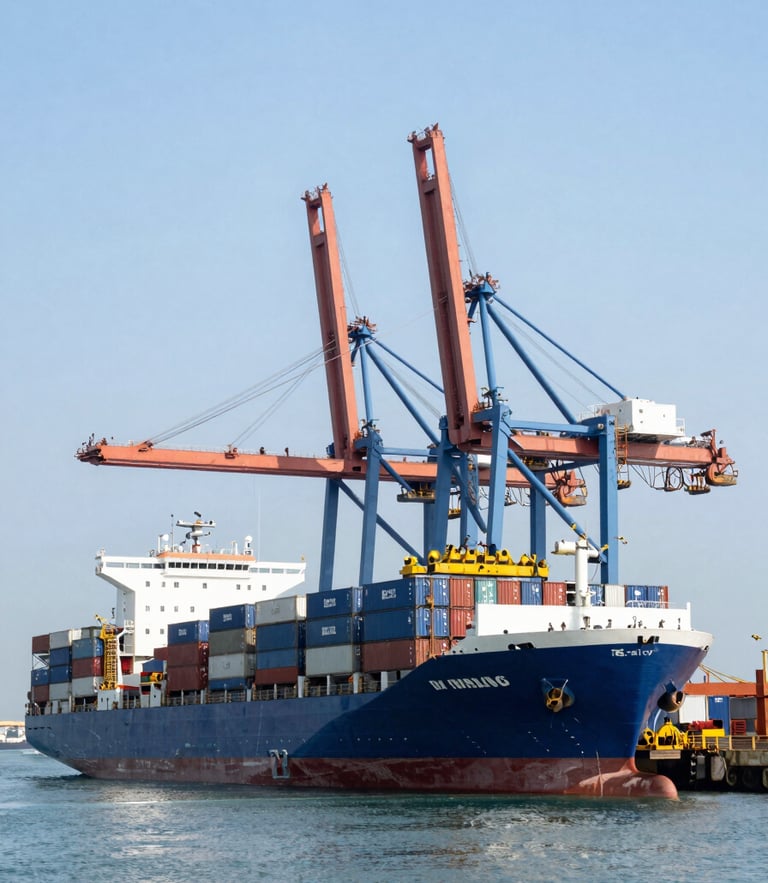 Wide-angle bright daylight shot of a modern container ship docked at Batam port terminal, heavy cranes loading blue cargo containers, clear horizon, industrial precision.