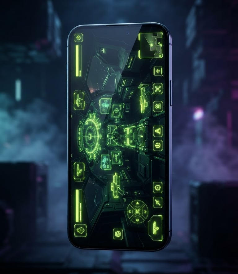 Sleek portrait-oriented physical Android device mockup showing a high-fidelity premium game interface glowing in vibrant cyber-lime, dark mode aesthetic, moody neon backlighting, 3D render.
