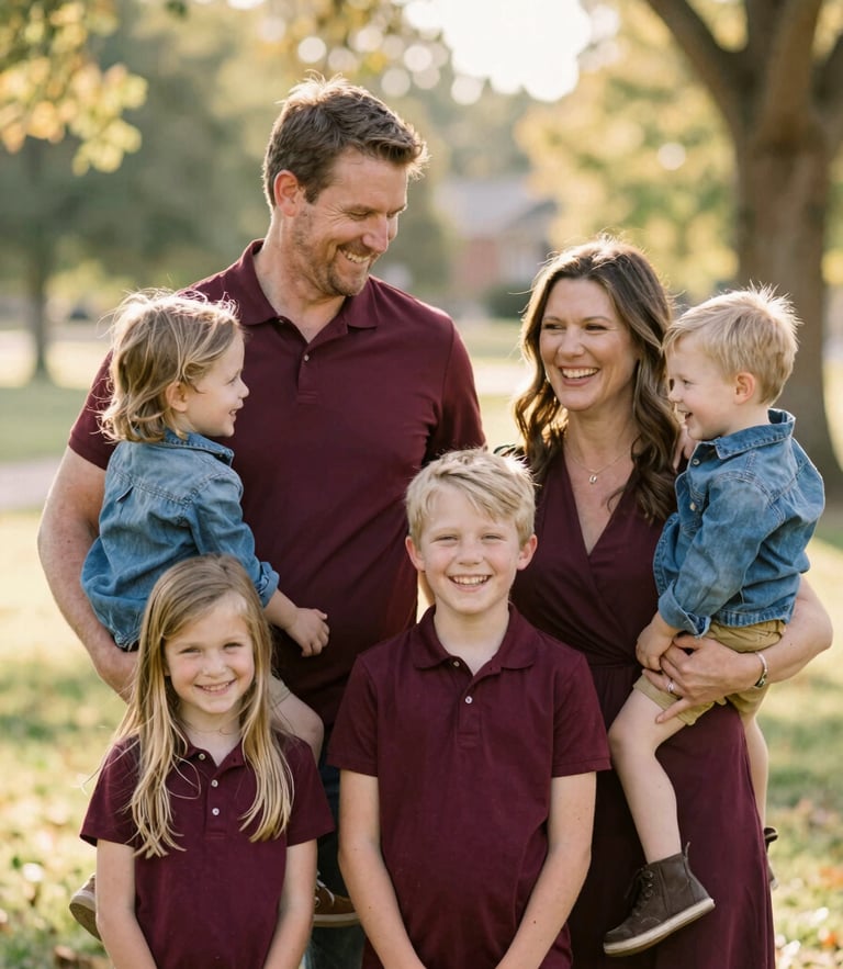 A warm, natural golden-hour portrait of an Ohio family laughing in a sunlit public park, soft burgundy tones, shallow depth of field.