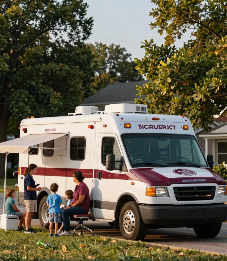A sunlit mobile healthcare clinic parked in a green Ohio community park, local families talking with health advocates under a soft canopy, warm golden-hour light.