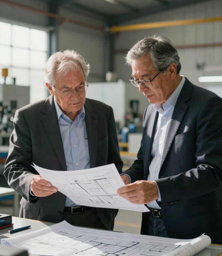 Retrato de un consultor senior y un director de planta analizando planos de distribución en una fábrica iluminada por luz natural.