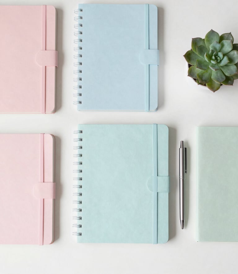 Top-down flat lay of neatly organized pastel notebooks, a sleek pen, and a small succulent on a white desk under soft natural morning light