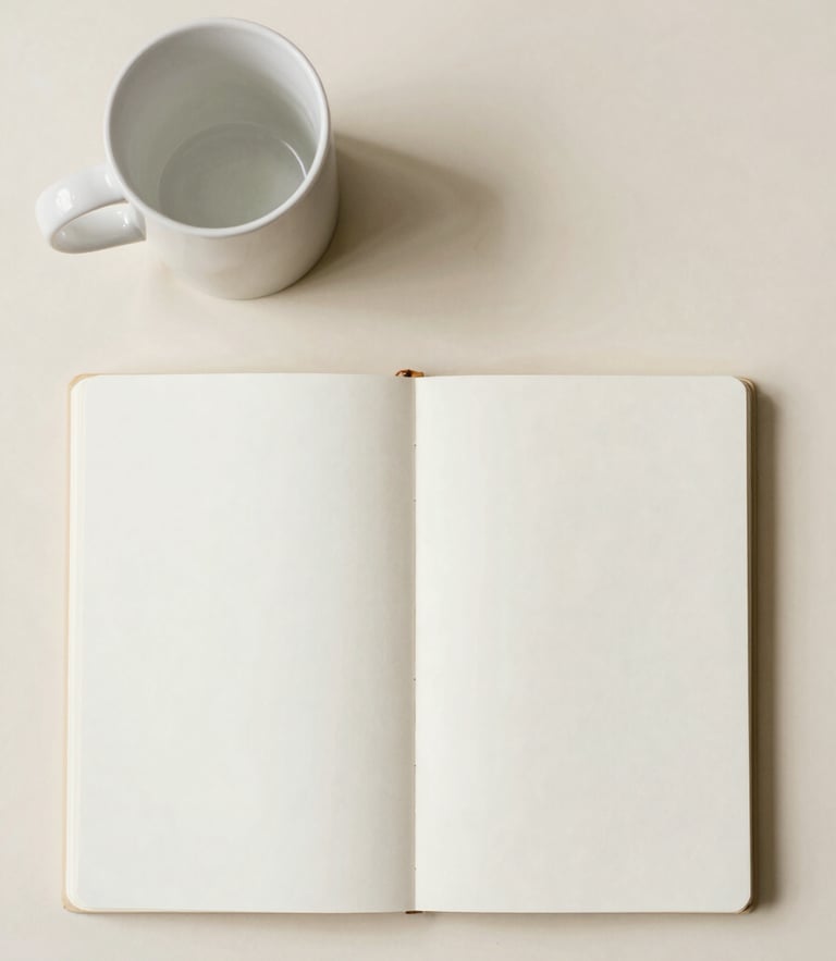 Top-down flat lay of a clean ceramic mug and a blank notebook on a cream-colored desk, soft natural daylight, desaturated pastel tones, generous negative space, 35mm