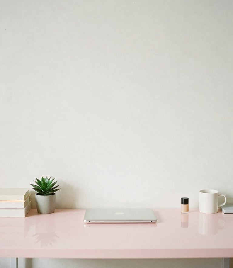 A bright, airy portrait of a modern clean workspace in Bonita Springs, soft natural light reflecting off a pastel-colored desk with minimalist office tools, desaturated tones, 35mm