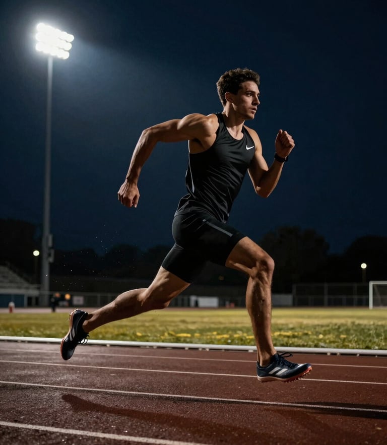 Low-angle dramatic key lighting on a male sprinter in mid-stride on a dark track, stadium floodlights creating sharp rim light, deep navy atmosphere, 35mm.