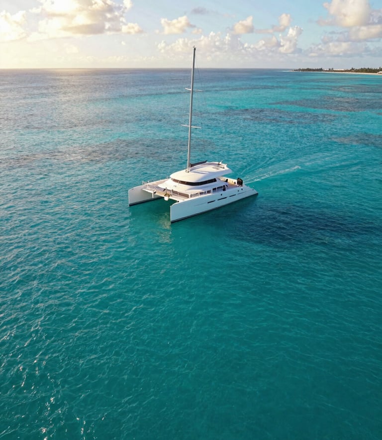 A spacious white catamaran sailing on vibrant turquoise waters under bright Caribbean sunlight, wide-angle environmental shot showing open space and calm seas.