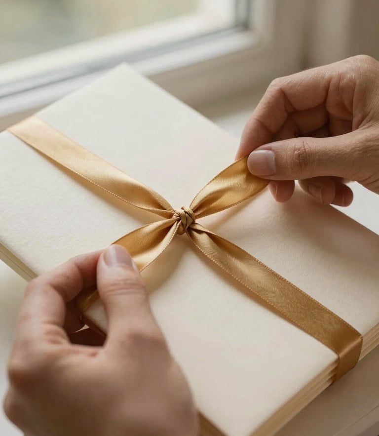 Macro photo of hands carefully tying a golden silk ribbon around a heavy cotton paper wedding invitation, soft natural side-light from a large window, warm cream and gold tones.