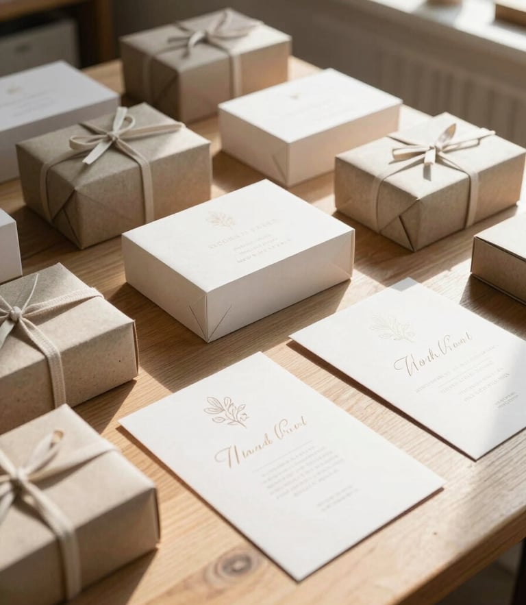 Wide photographic shot of a bright creative studio, natural side light illuminating textured handmade boxes and elegant wedding invitations on a wooden table.